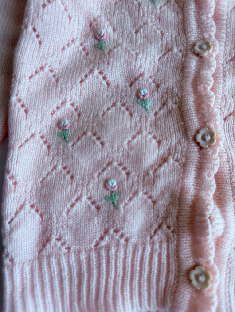 Vintage Y2K Pride & Joy Pink Pointelle Knit Floral Cardigan Sweater 2T/3T